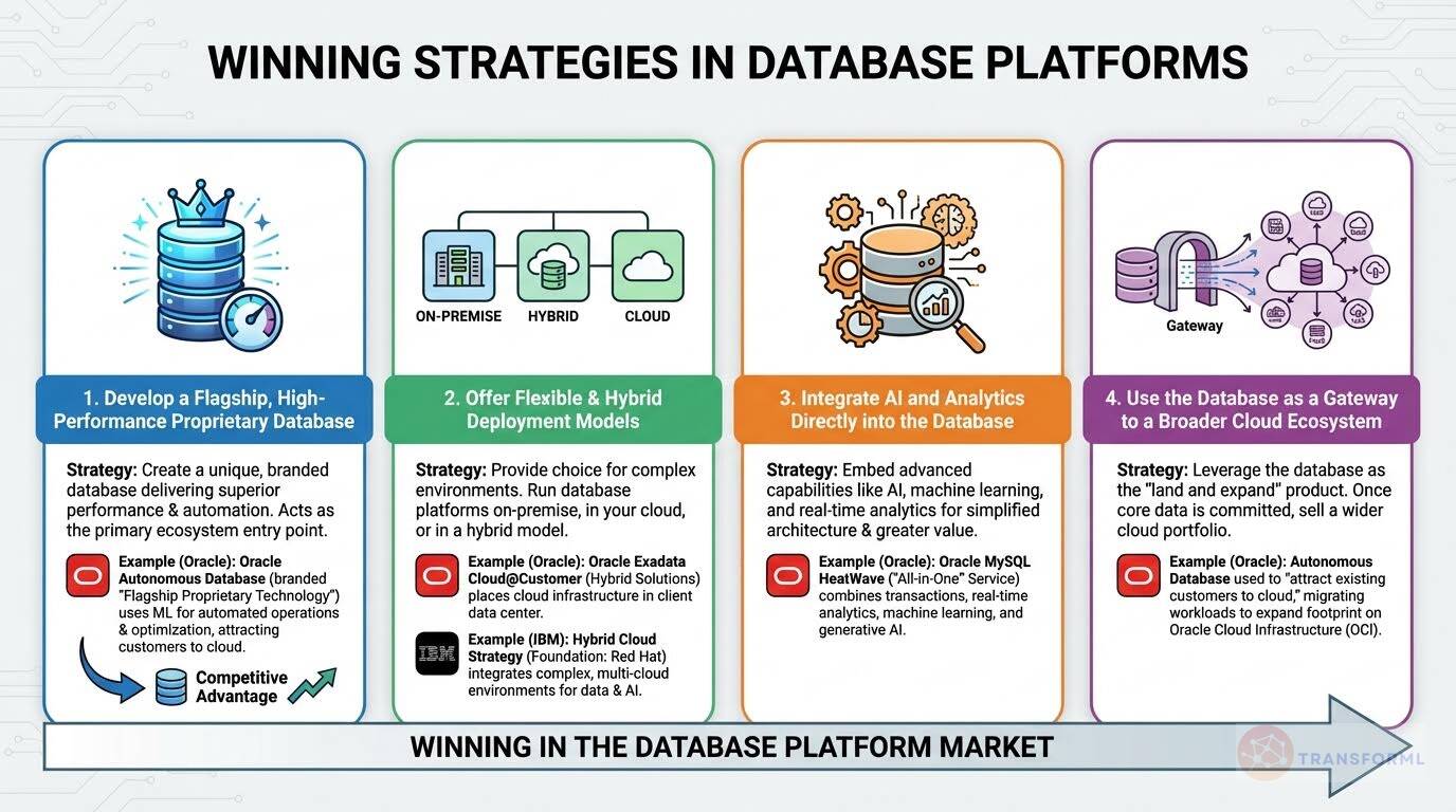Infographic outlining winning strategies in database platforms, including proprietary high-performance databases, hybrid deployment models, built-in AI analytics, and cloud ecosystem expansion