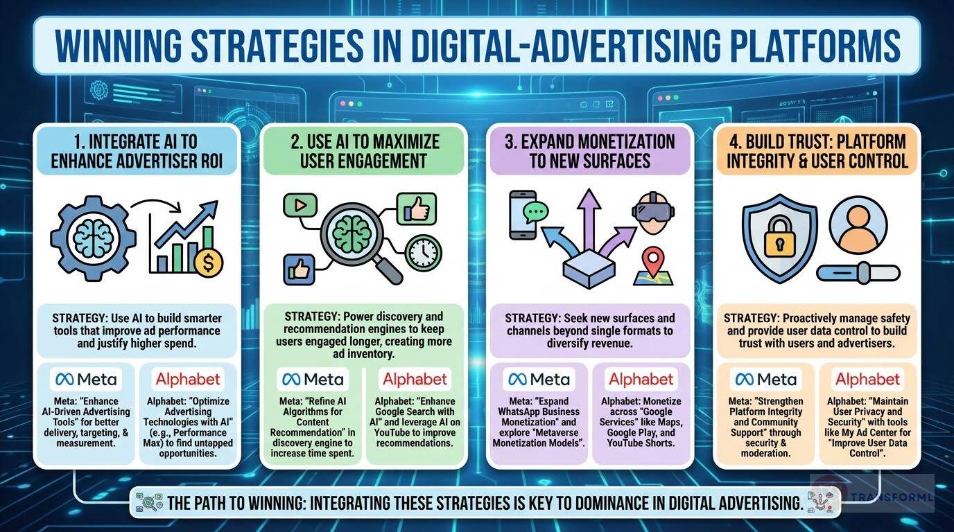 Strategic infographic on digital advertising platforms showing how Meta and Alphabet use AI, engagement optimization, monetization expansion, and trust to drive advertising growth