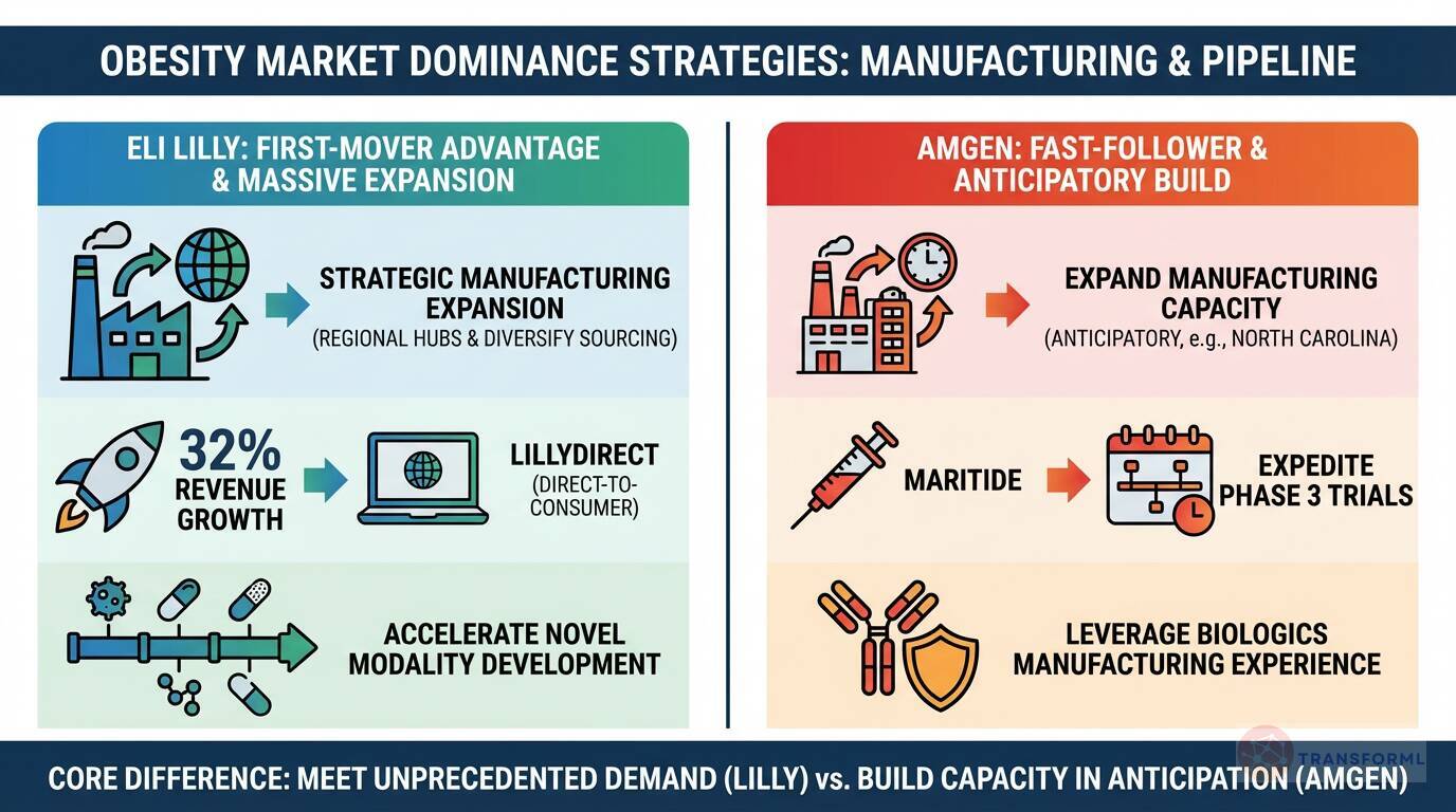 Obesity drug market strategy comparison between Eli Lilly and Amgen, highlighting manufacturing expansion, pipeline acceleration, and capacity planning.
