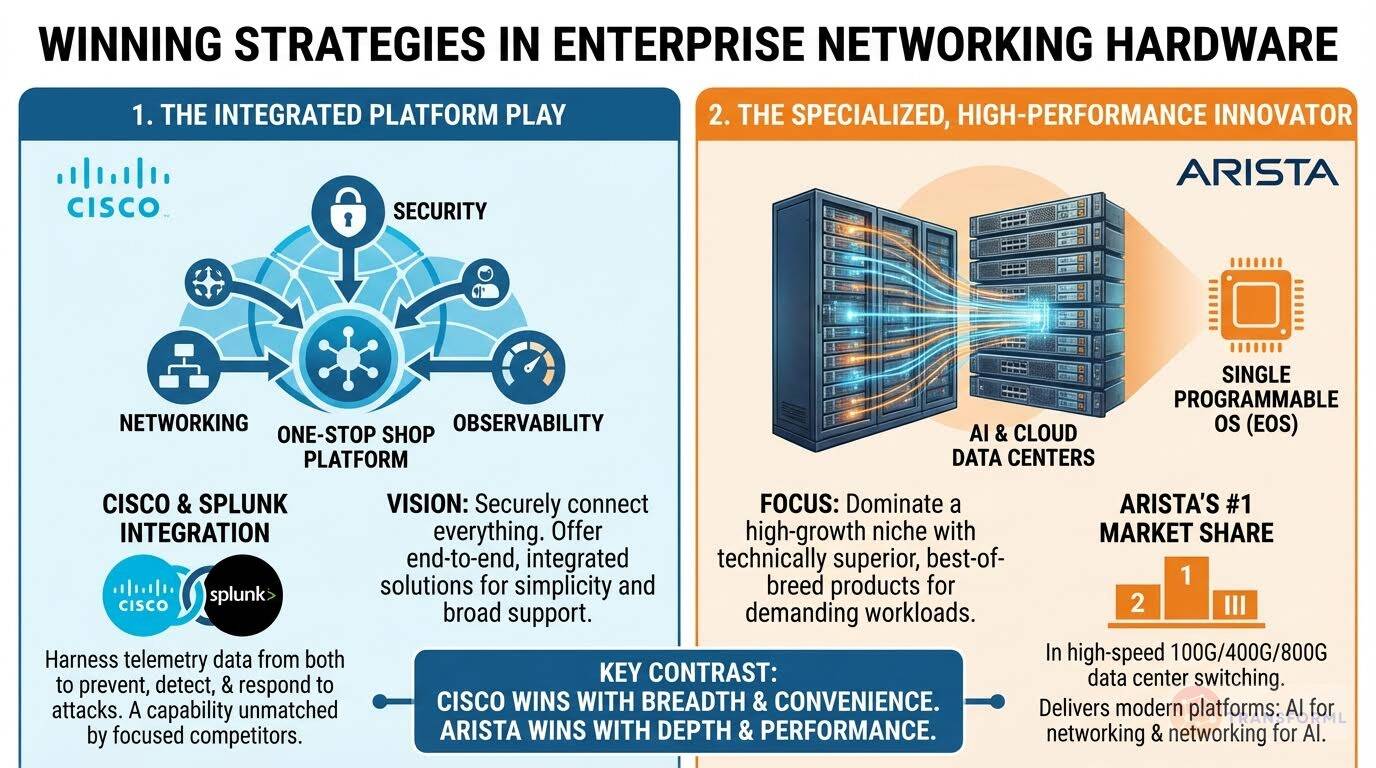 Comparison infographic of Cisco and Arista showing winning strategies in enterprise networking hardware, contrasting integrated platforms versus high-performance specialized innovation