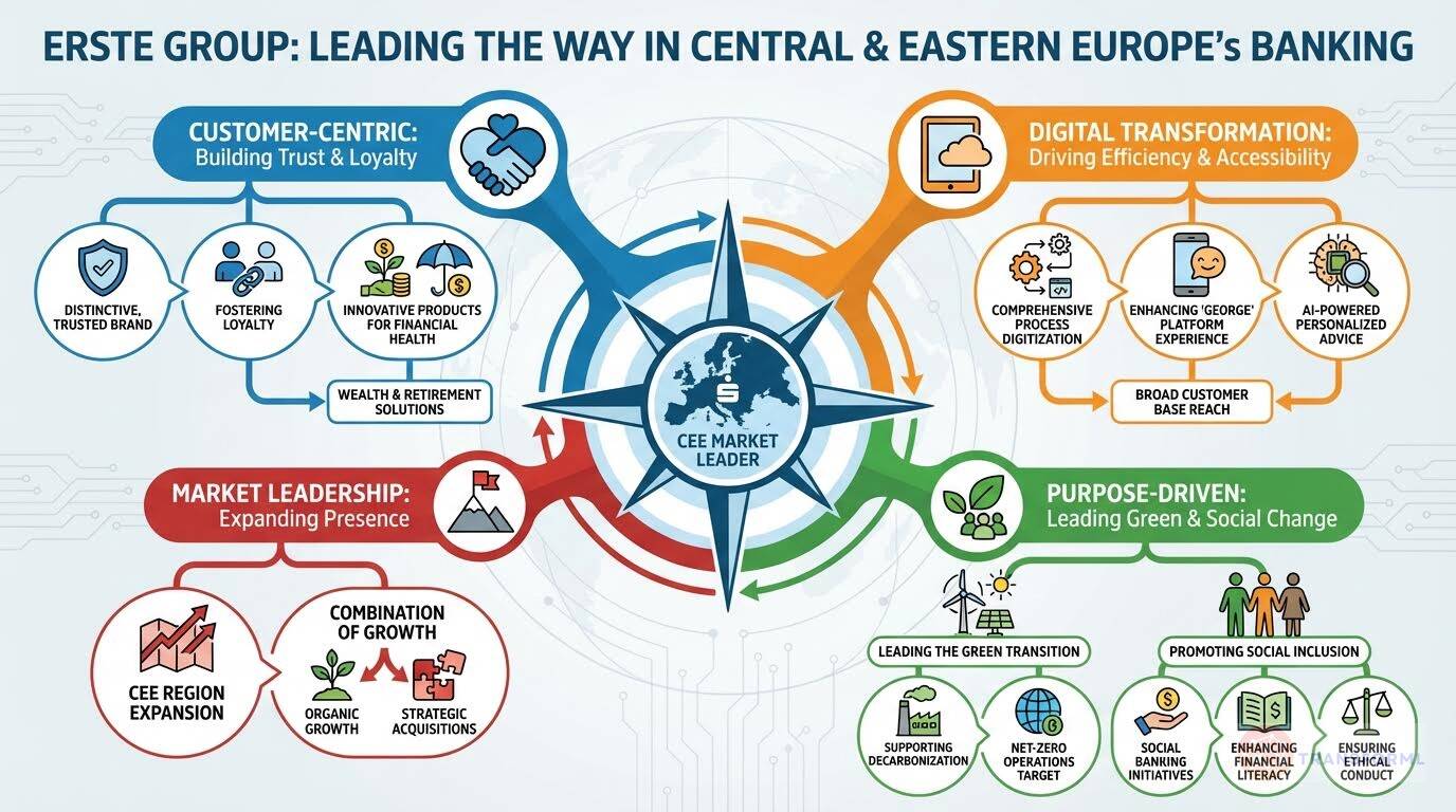 Erste Group banking strategy infographic highlighting customer-centric growth, digital transformation, sustainability leadership, CEE market expansion, and purpose-driven financial inclusion.
