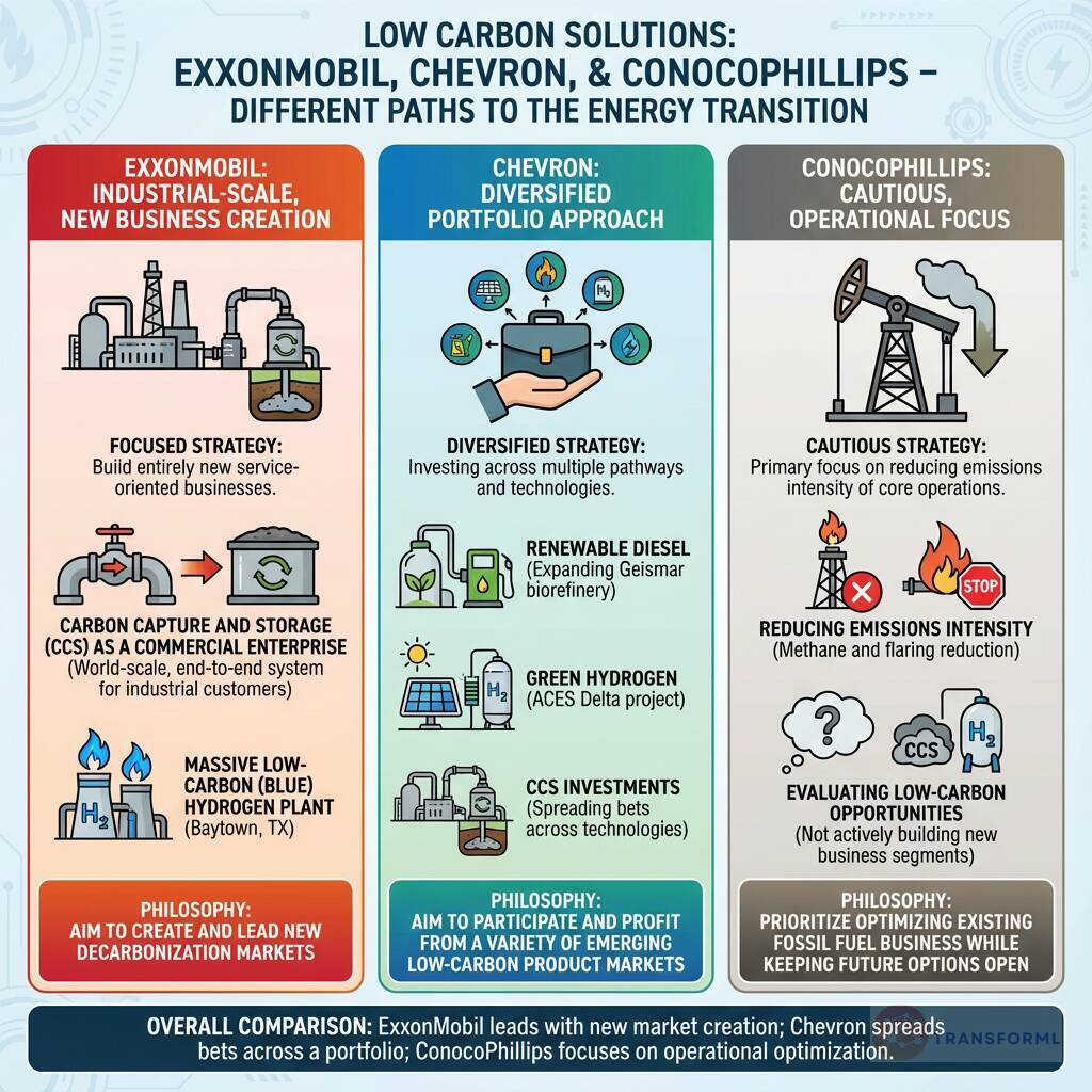 Comparison of low-carbon energy strategies showing ExxonMobil's industrial-scale carbon capture and blue hydrogen focus, Chevron's diversified low-carbon portfolio, and ConocoPhillips' cautious, operational emissions-reduction approach.
