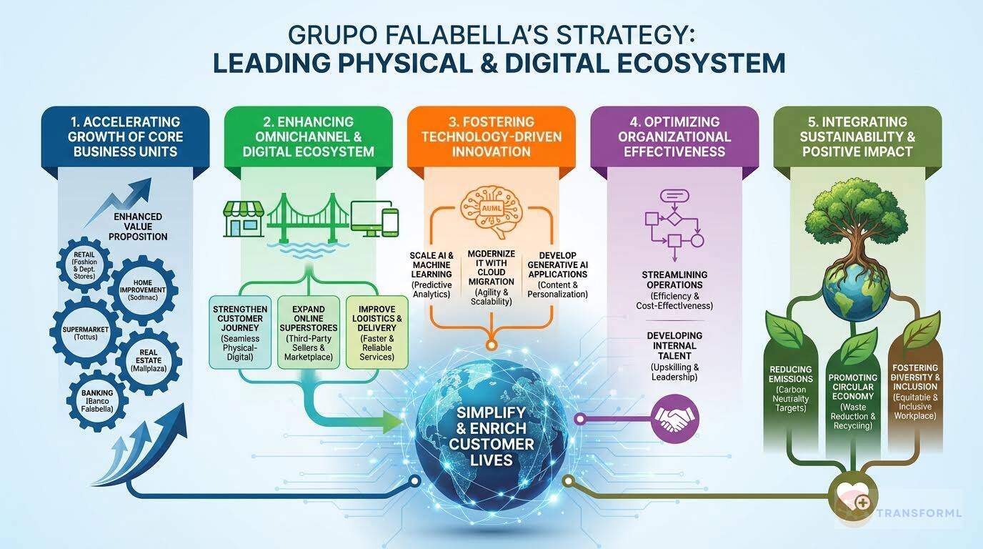 Strategy cascade illustrating Grupo Falabella's physical and digital ecosystem, highlighting omnichannel growth, technology-driven innovation, operational effectiveness, and sustainability initiatives.