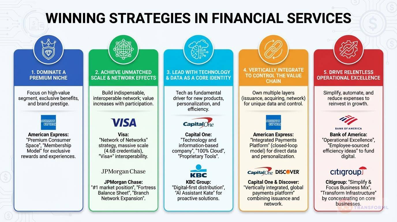 Infographic illustrating winning strategies in financial services, including premium niches, scale and network effects, data-driven technology, vertical integration, and operational excellence
