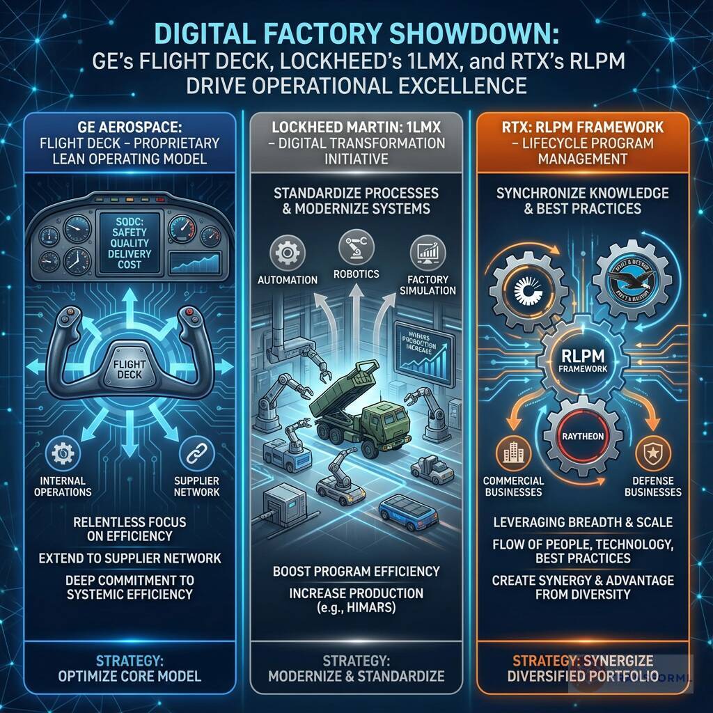 Digital factory strategy comparison showing GE Aerospace Flight Deck, Lockheed Martin 1LMX, and RTX RLPM frameworks driving operational excellence through standardization, automation, and lifecycle management.
