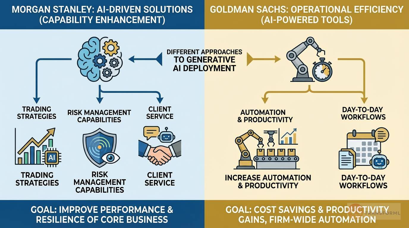 Comparison of generative AI strategies in finance, showing Morgan Stanley's AI-driven capability enhancement versus Goldman Sachs' focus on automation and operational efficiency.