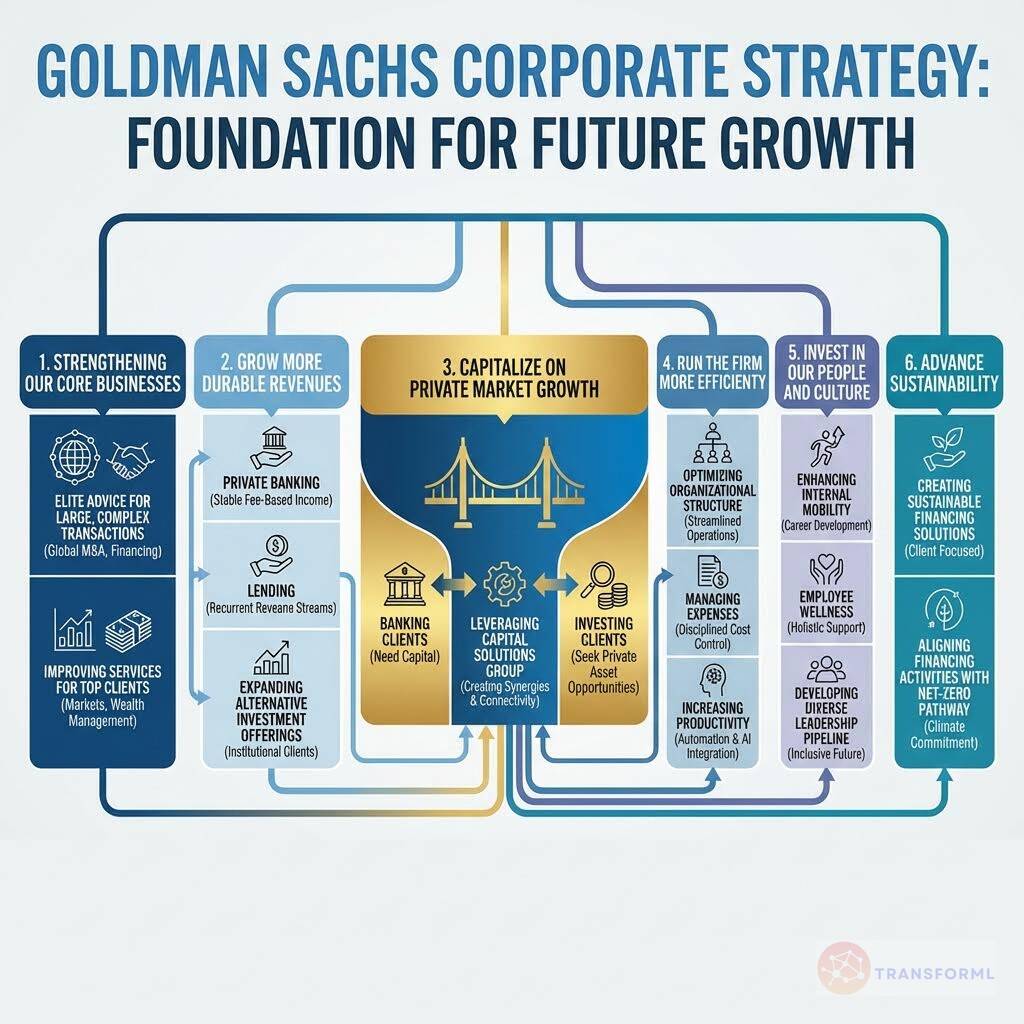 Goldman Sachs corporate strategy framework outlining six strategic pillars including core business strength, durable revenues, private markets growth, operational efficiency, talent investment, and sustainability.