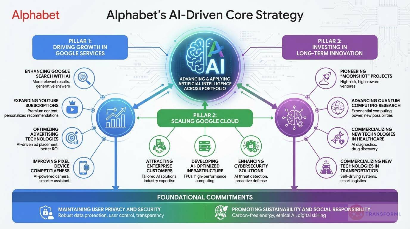 Alphabet corporate strategy infographic showing AI-driven growth through Google Services expansion, Google Cloud scaling, long-term moonshot investments, and responsible innovation foundations.