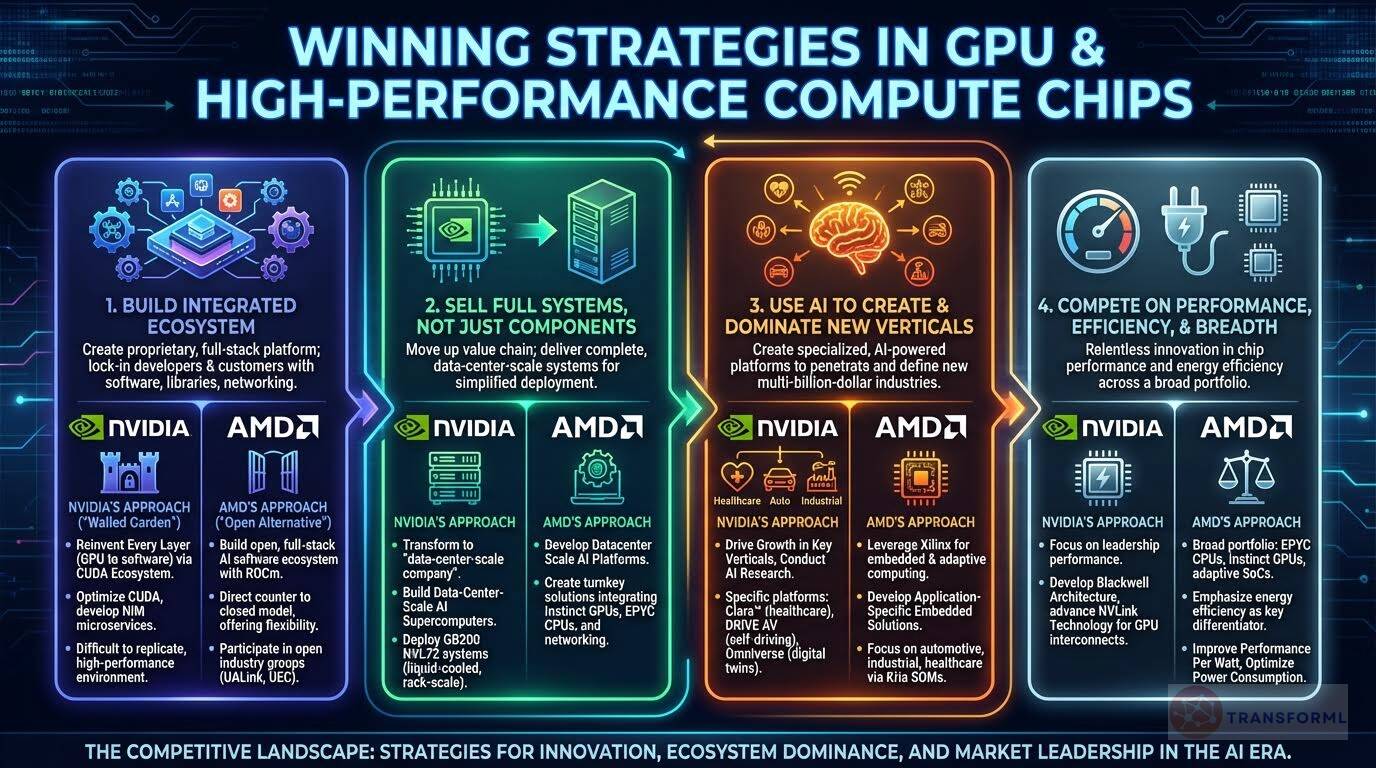 Strategic comparison infographic of NVIDIA and AMD outlining winning strategies in GPUs and high-performance computing, including full-stack ecosystems, AI platforms, and data-center systems