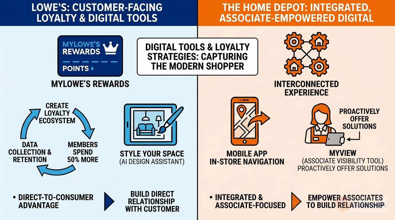 Digital strategy comparison between Lowe's customer-facing loyalty and design tools and Home Depot's integrated, associate-empowered digital experience.