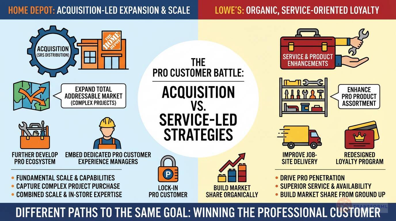 Comparison of Home Depot and Lowe's professional customer strategies, contrasting acquisition-led expansion and scale with service-led loyalty and organic growth.