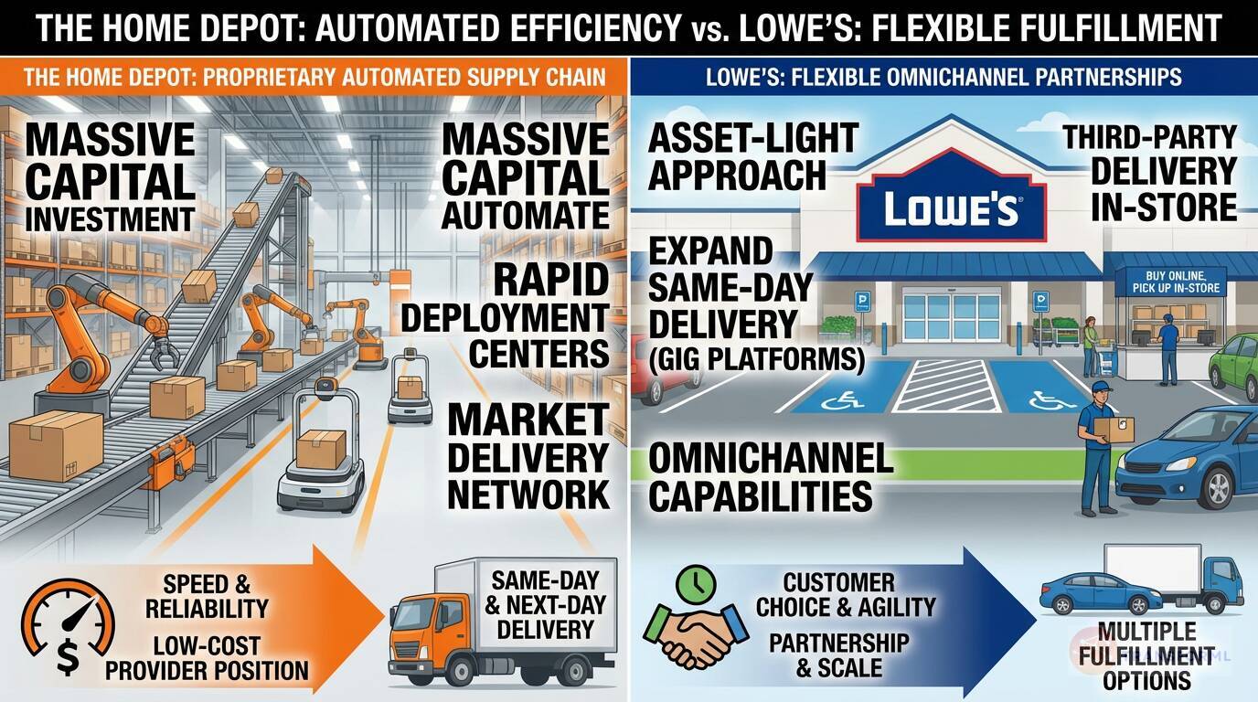 Retail logistics comparison showing Home Depot's automated, capital-intensive supply chain versus Lowe's asset-light, flexible omnichannel fulfillment model.