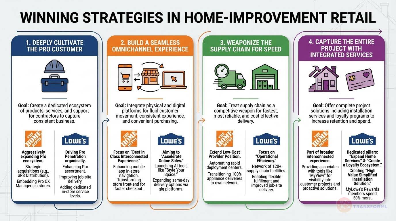Infographic showing winning strategies in home improvement retail, highlighting pro customer focus, omnichannel experience, supply chain speed, and integrated services by Home Depot and Lowe's