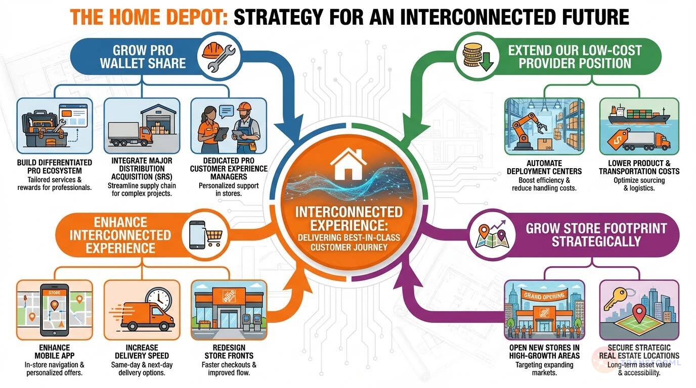 Home Depot strategy infographic focused on delivering an interconnected customer experience through pro ecosystem growth, supply chain automation, store expansion, cost leadership, and omnichannel retail.