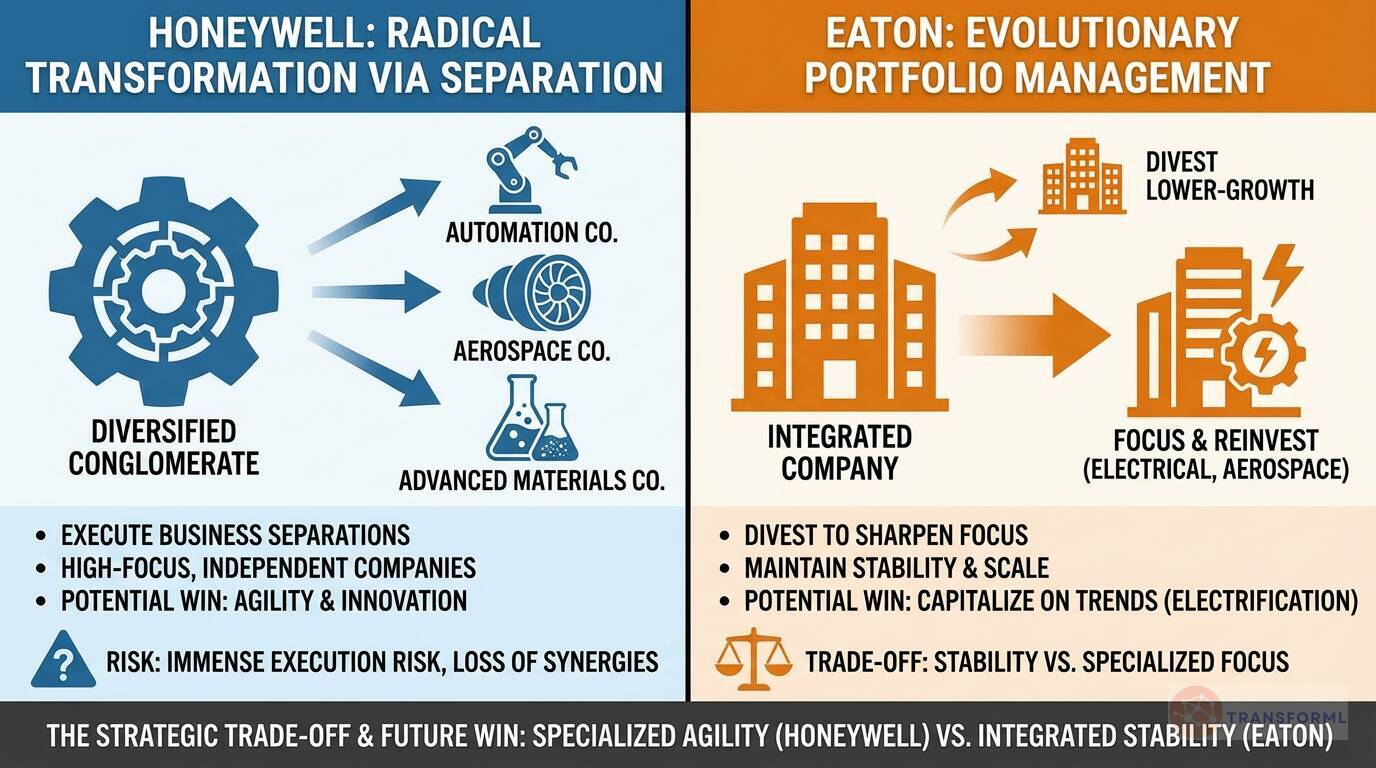 Strategic comparison of Honeywell's corporate separation approach versus Eaton's evolutionary portfolio management, illustrating trade-offs between agility, focus, and execution risk.