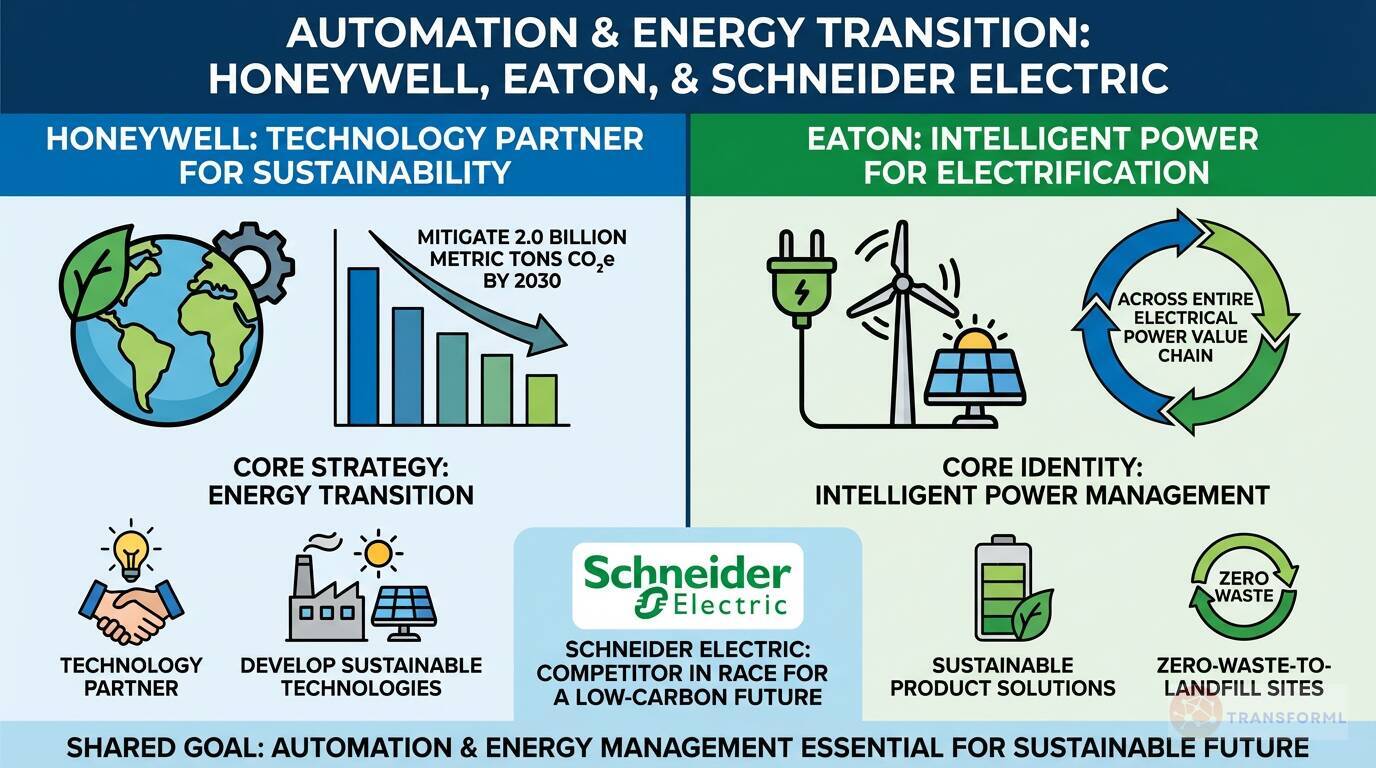 Infographic comparing Honeywell, Eaton, and Schneider Electric roles in automation and the energy transition, focusing on sustainability, electrification, and intelligent power management.