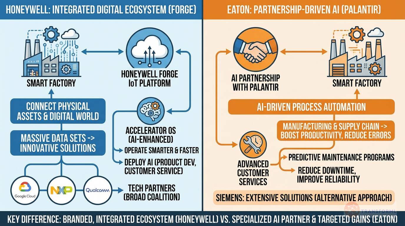Comparison of industrial AI and IoT strategies showing Honeywell's integrated digital ecosystem versus Eaton's partnership-driven AI approach and Siemens' broad industrial solutions.