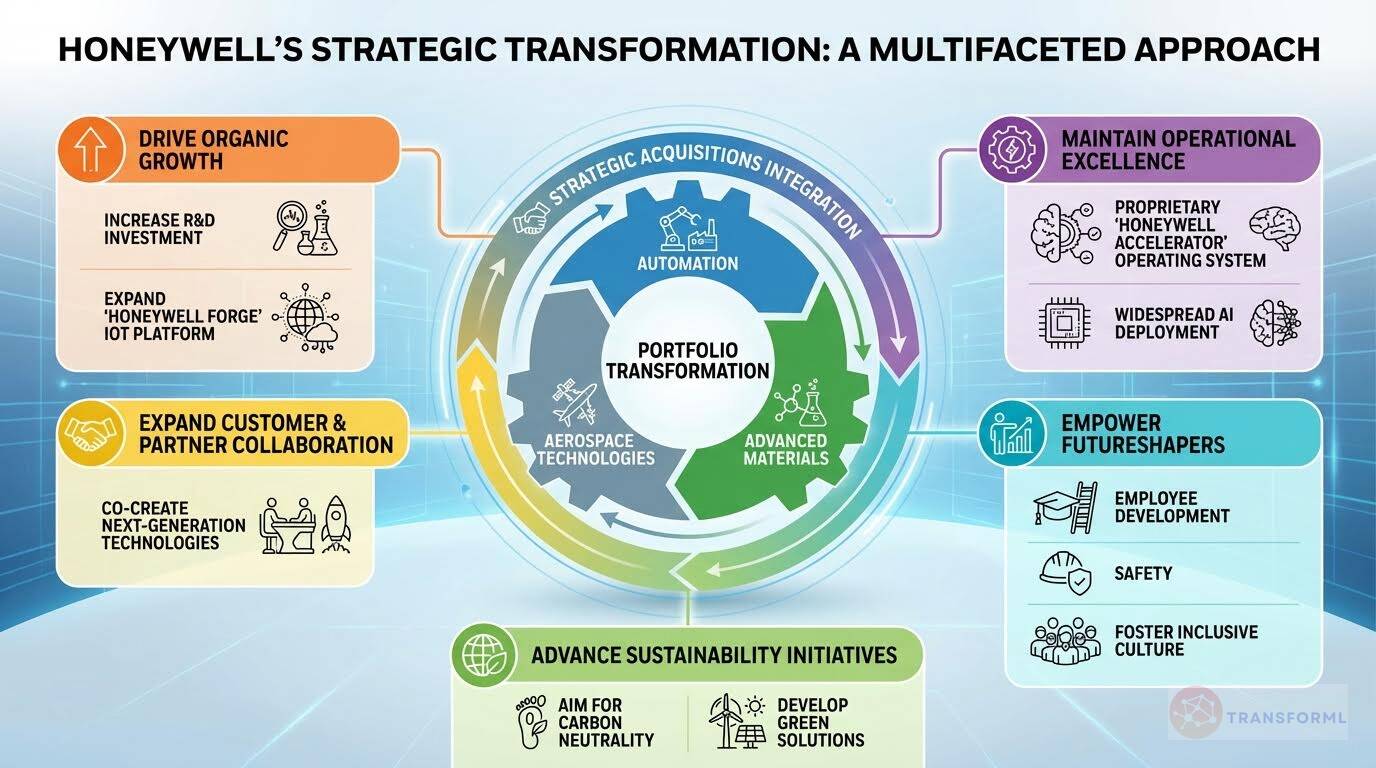 Honeywell strategic transformation framework showing portfolio optimization via automation, aerospace technologies, advanced materials, digital platforms, acquisitions integration, and sustainability initiatives.