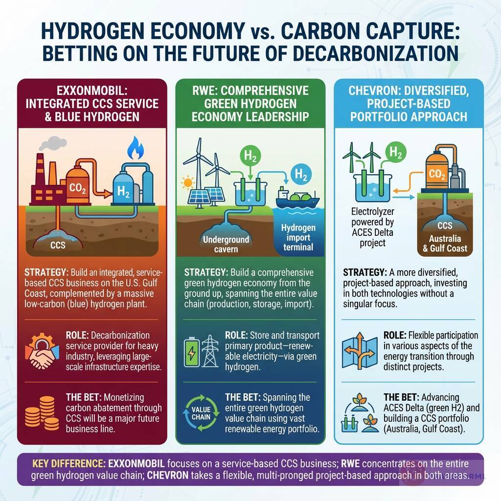 Decarbonization strategy comparison of hydrogen economy and carbon capture, contrasting ExxonMobil's CCS services, RWE's green hydrogen value chain, and Chevron's diversified project-based approach.