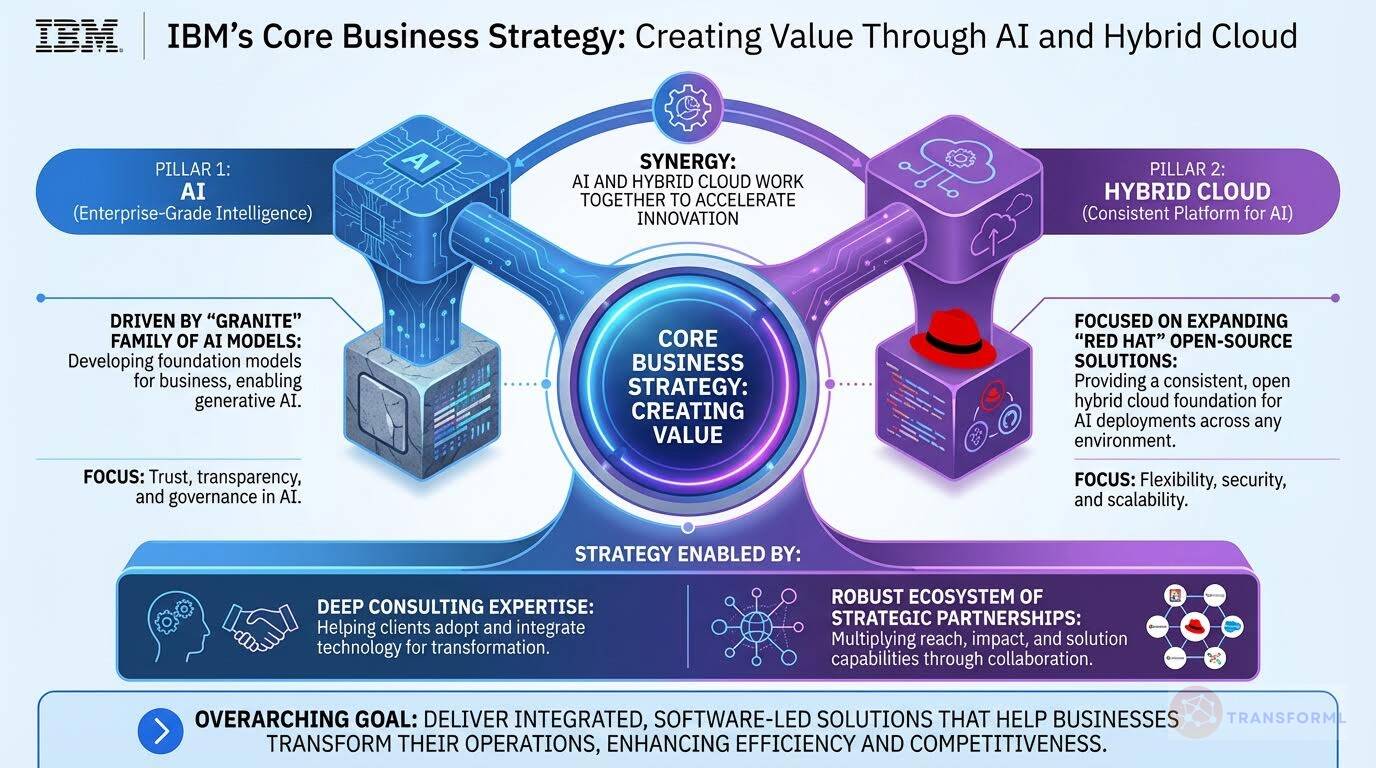IBM core business strategy visualization showing value creation through enterprise AI, hybrid cloud, Red Hat open-source solutions, consulting expertise, and strategic partnerships.