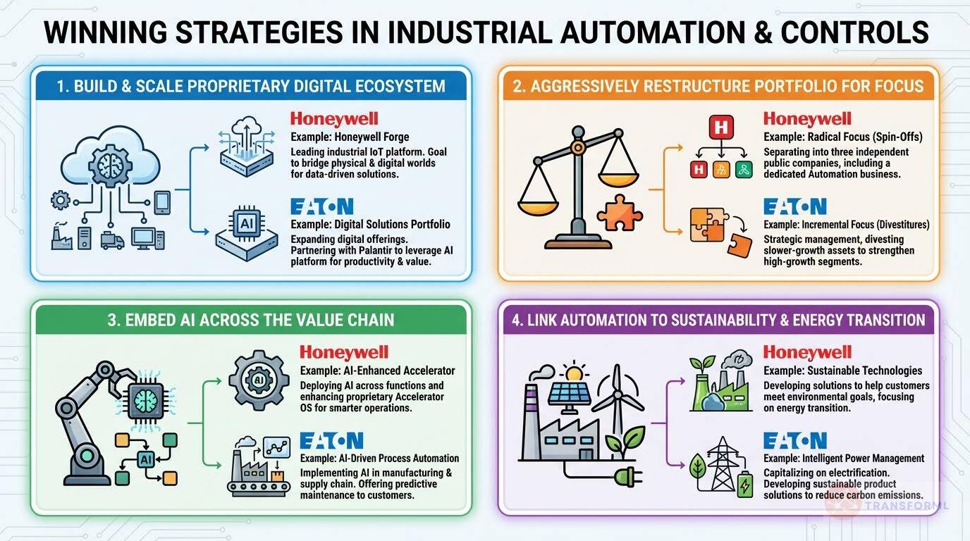 Winning strategies in industrial automation and controls highlighting digital ecosystems, portfolio focus, AI integration across the value chain, and sustainability-driven energy