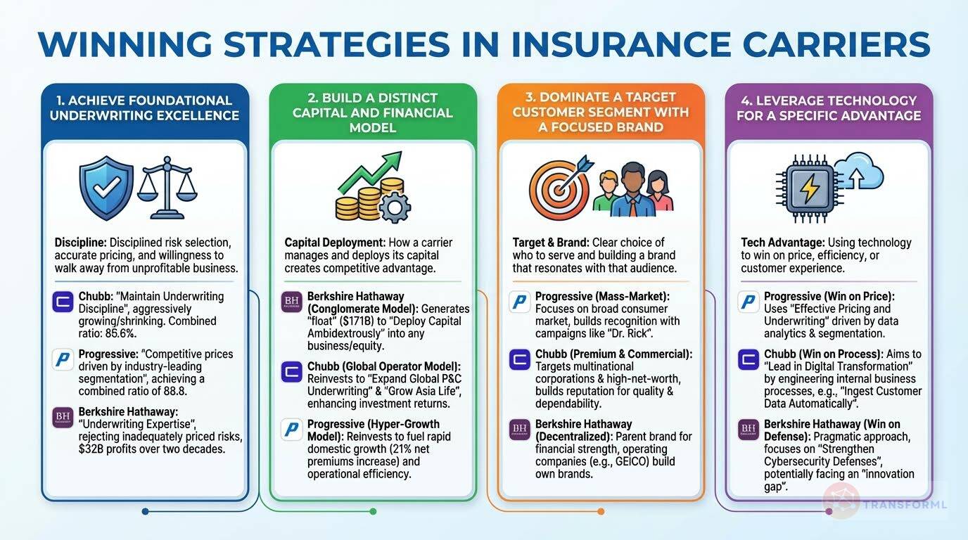 Winning strategies in insurance carriers showing underwriting discipline, capital deployment models, focused branding, and technology-enabled competitive advantage