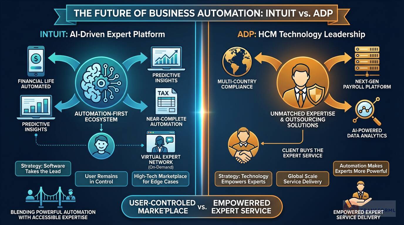 Infographic comparing Intuit and ADP business automation strategies, contrasting AI-driven self-service platforms with expert-led HCM and payroll outsourcing solutions.