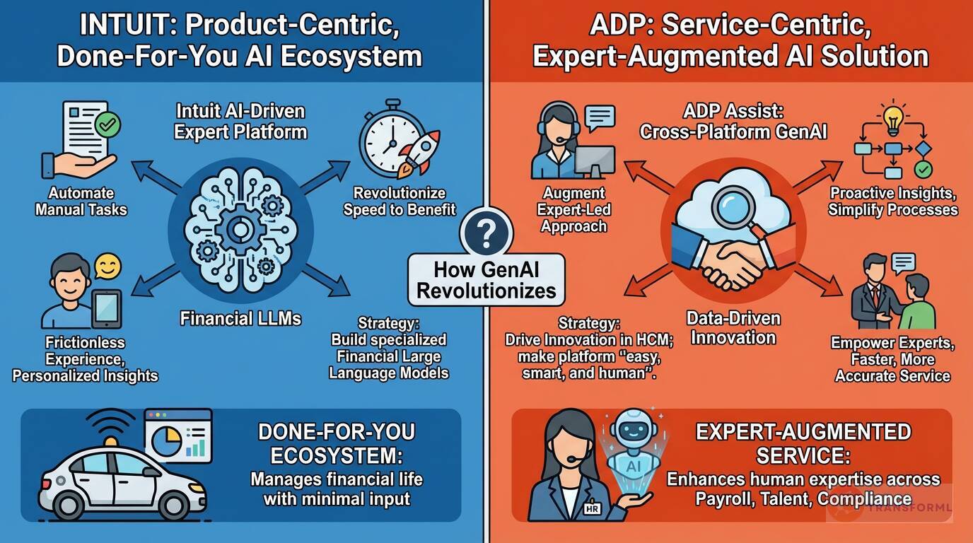 Diagram explaining how generative AI transforms payroll and HR, comparing Intuit's product-centric automation ecosystem with ADP's expert-augmented service approach.