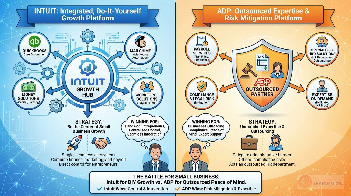 Visual comparison of Intuit's integrated DIY growth platform versus ADP's outsourced expertise model for small businesses, covering accounting, payroll, compliance, and risk mitigation.