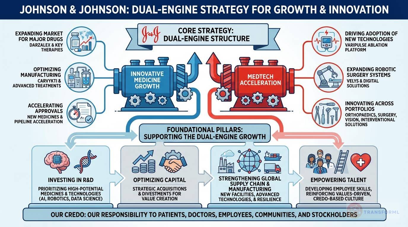 Dual-engine strategy diagram of Johnson & Johnson showing innovative medicine growth and medtech acceleration supported by R&D investment, capital optimization, supply chain strength, and talent development.