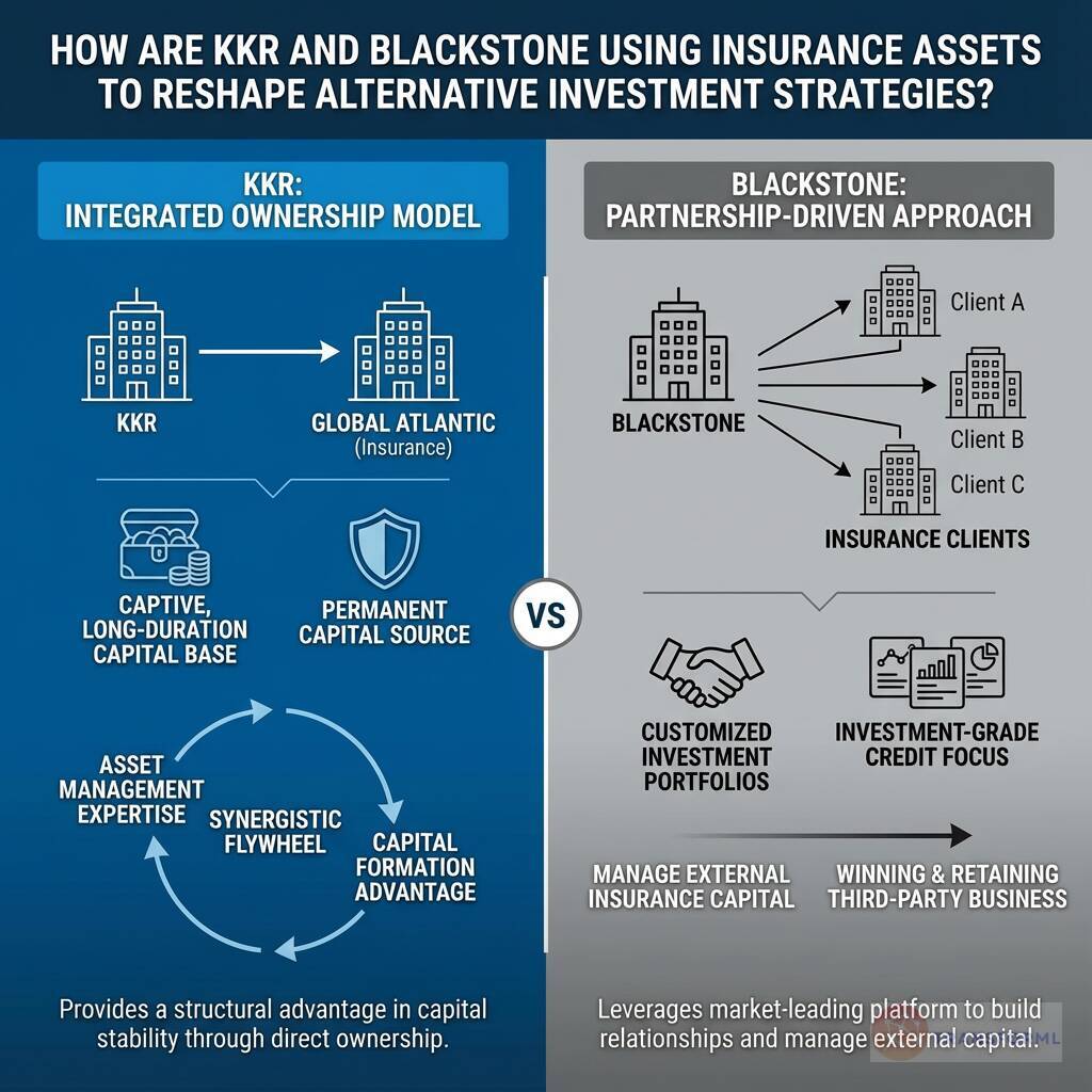 Comparison of KKR and Blackstone strategies for using insurance assets in alternative investments, contrasting KKR's integrated ownership model with Blackstone's partnership-driven approach to managing long-duration capital.