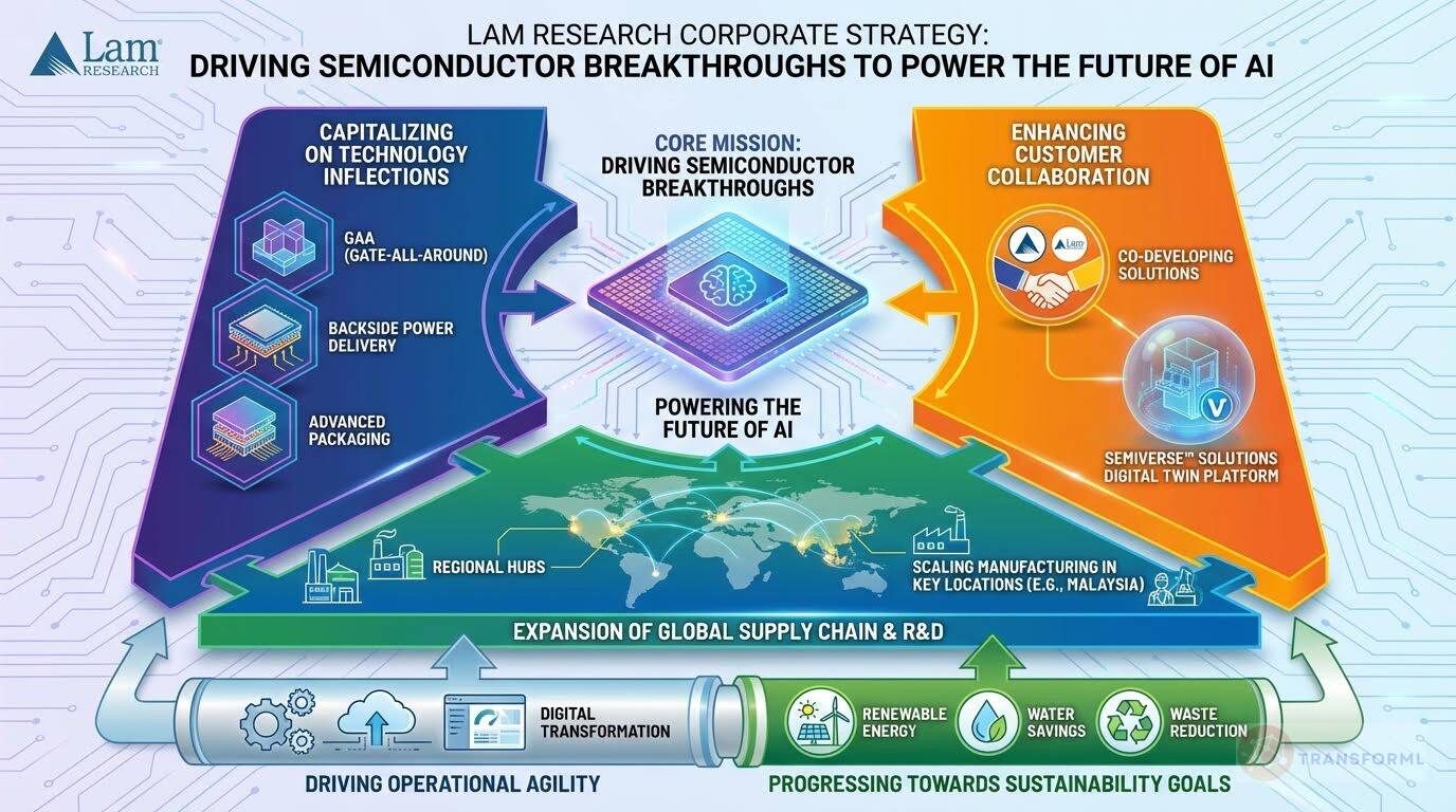 Diagram outlining Lam Research's strategy for driving semiconductor breakthroughs through advanced manufacturing technologies, customer collaboration, global supply chain expansion, and sustainability.