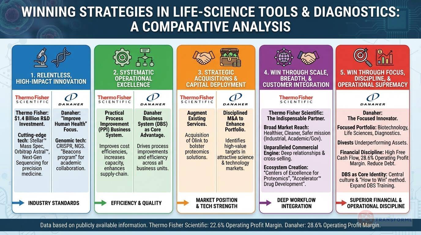 Winning strategies in life science tools and diagnostics comparing innovation intensity, operational excellence, strategic acquisitions, customer integration, and financial discipline