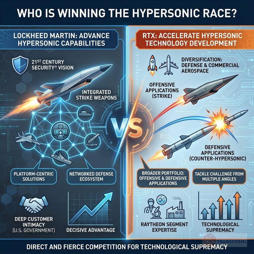 Visual comparison of Lockheed Martin and RTX hypersonic development strategies, highlighting offensive and defensive applications, platform-centric systems, and competition for technological supremacy.