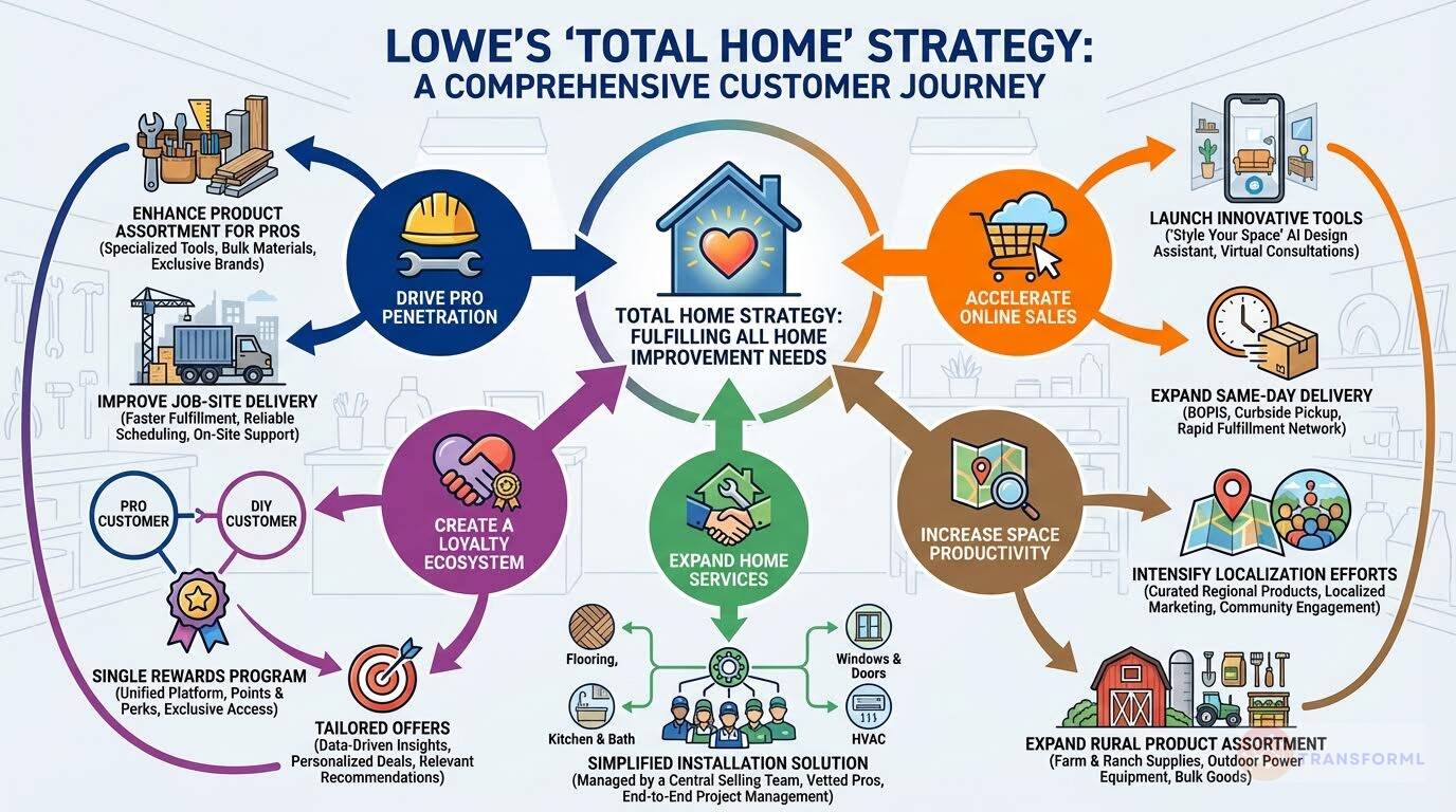 Lowe's Total Home strategy visualization outlining a comprehensive customer journey across pro services, online sales, home installation, localization, loyalty programs, and productivity improvements.
