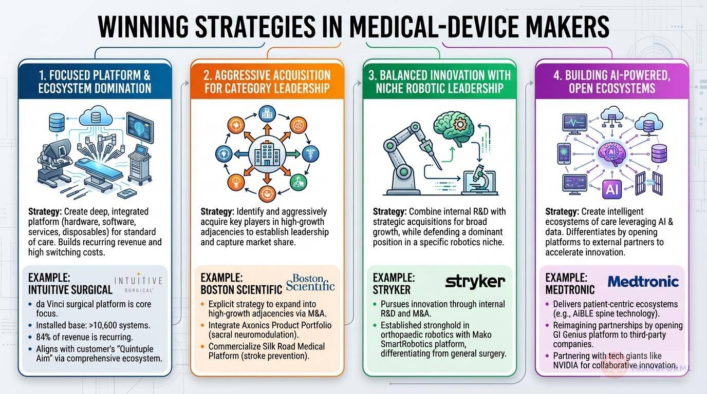 Winning strategies in medical device makers highlighting platform ecosystems, aggressive acquisitions, robotic innovation, and AI-powered open healthcare ecosystems