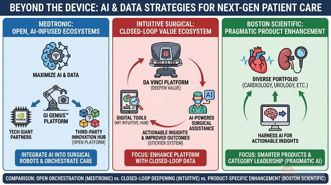 Comparison of Medtronic, Intuitive Surgical, and Boston Scientific AI and data strategies for next-generation patient care, highlighting open ecosystems, closed-loop platforms, and pragmatic AI adoption.