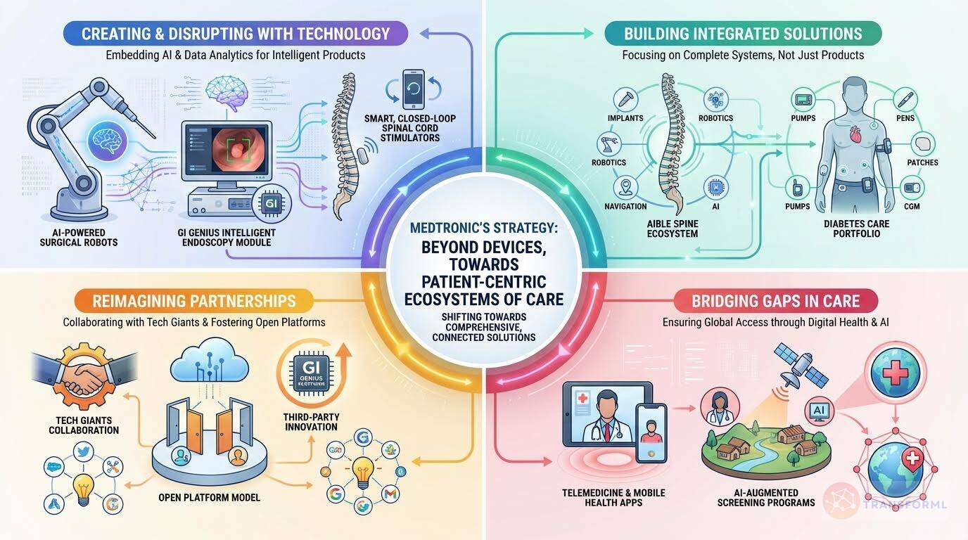 Medtronic corporate strategy infographic showing a shift beyond medical devices toward patient-centric ecosystems of care, integrating AI, digital health, partnerships, and global access initiatives.