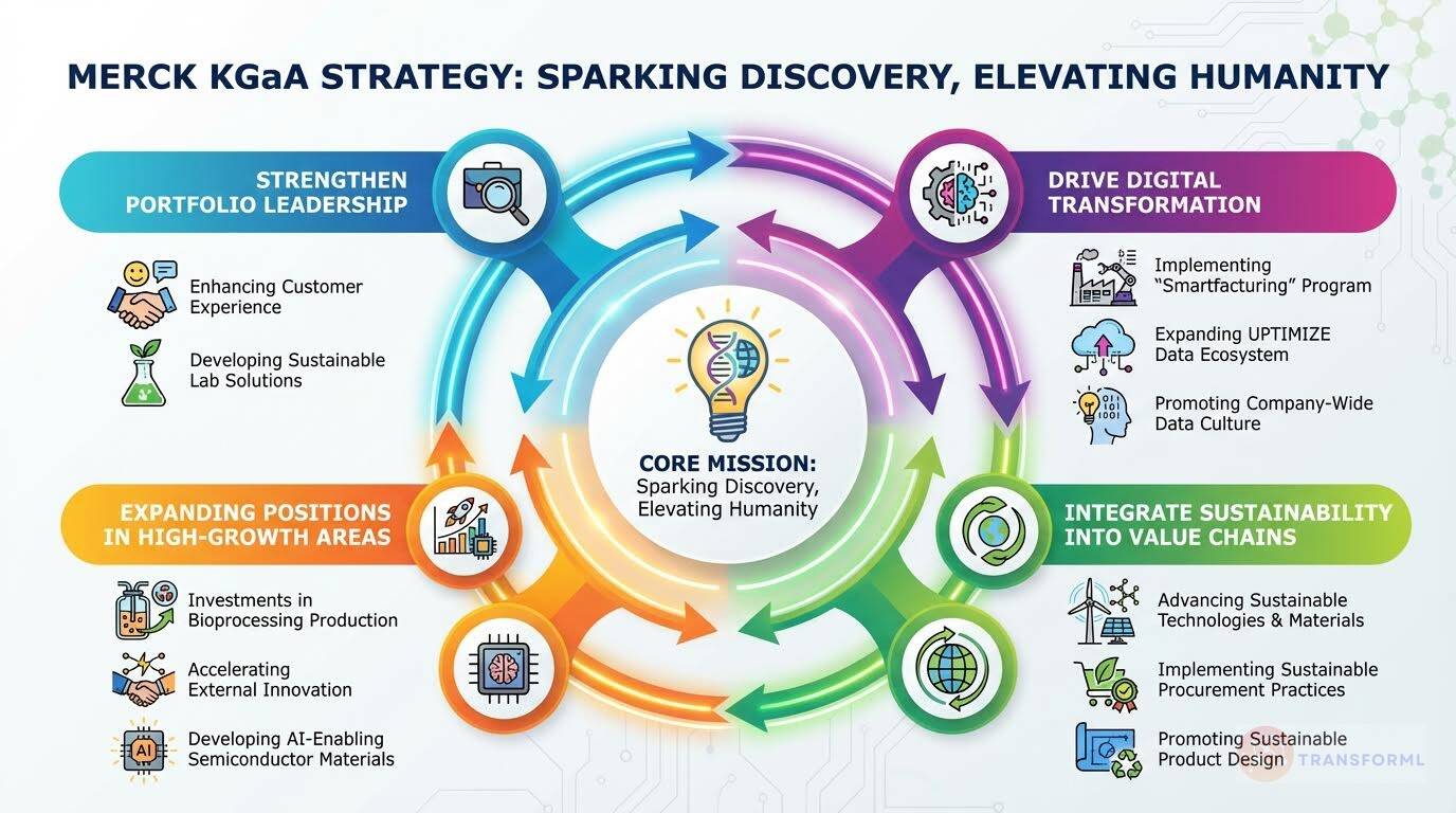 Visual strategy map of Merck KGaA focused on portfolio leadership, digital transformation, sustainability integration, and expansion in high-growth innovation areas.