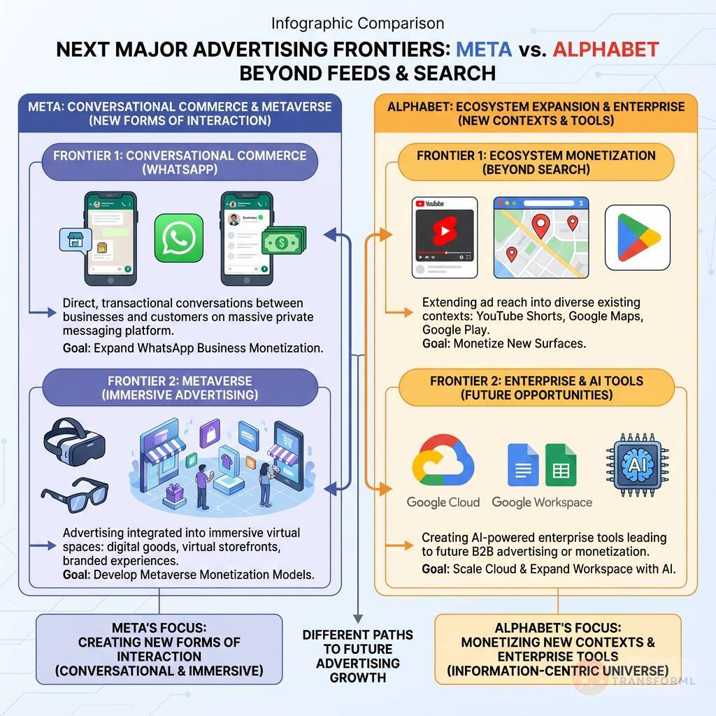 Infographic comparing Meta and Alphabet's next advertising growth frontiers, highlighting Meta's conversational commerce and metaverse strategy versus Alphabet's ecosystem monetization and enterprise AI expansion.