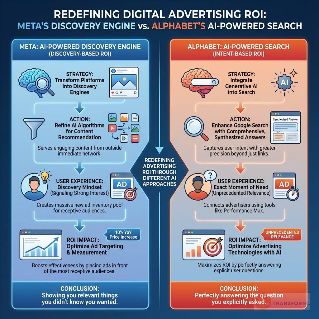 Digital advertising ROI comparison illustrating Meta's AI-powered discovery engine versus Alphabet's generative AI-enhanced search model for intent-based advertising performance.
