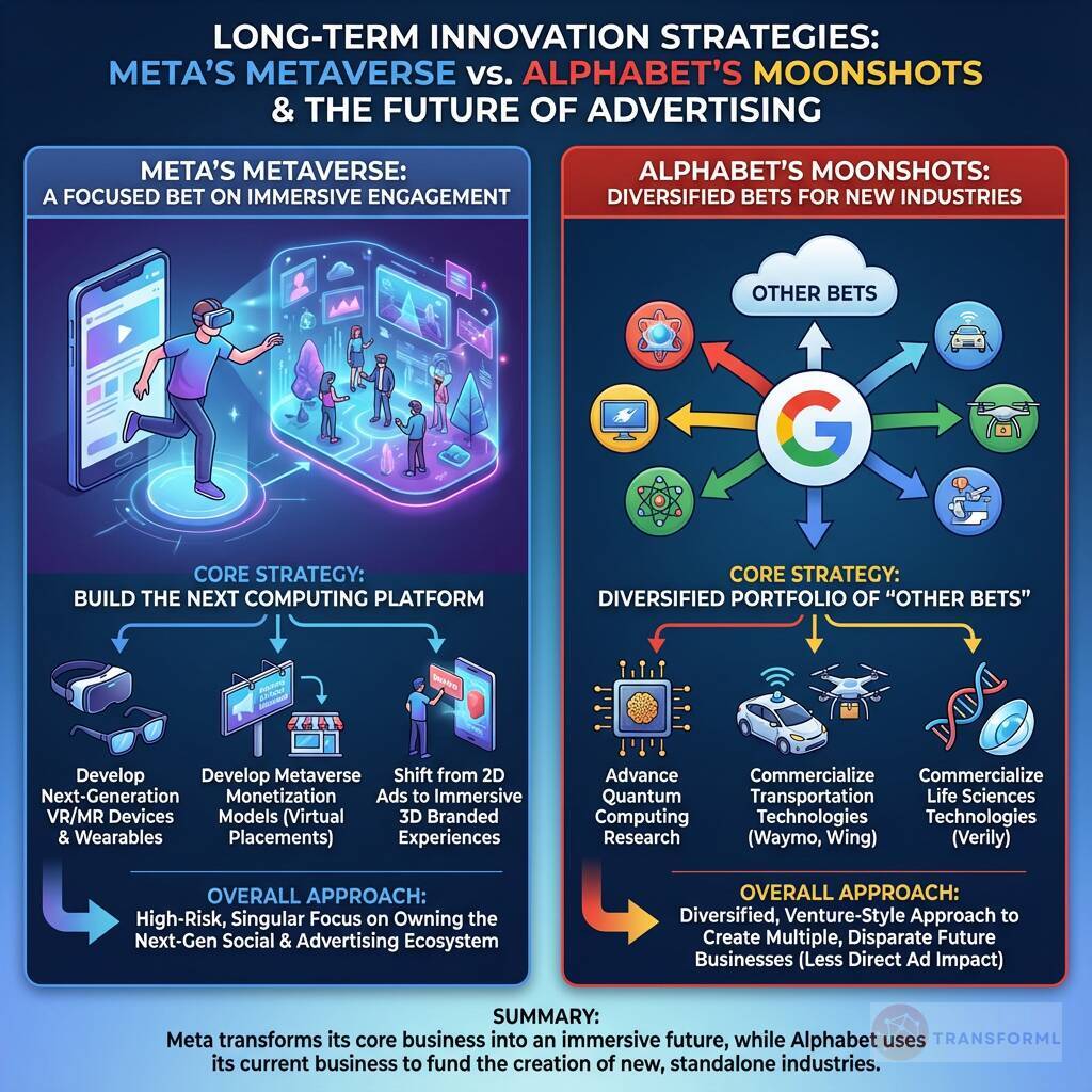 Meta's Metaverse vs. Alphabet's Moonshots: How do their long-term innovation strategies impact the future of digital engagement and advertising?