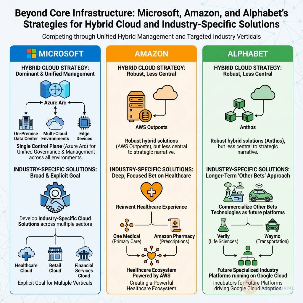 Comparison of Microsoft, Amazon, and Alphabet hybrid cloud strategies and industry-specific solutions across healthcare, retail, and enterprise platforms.