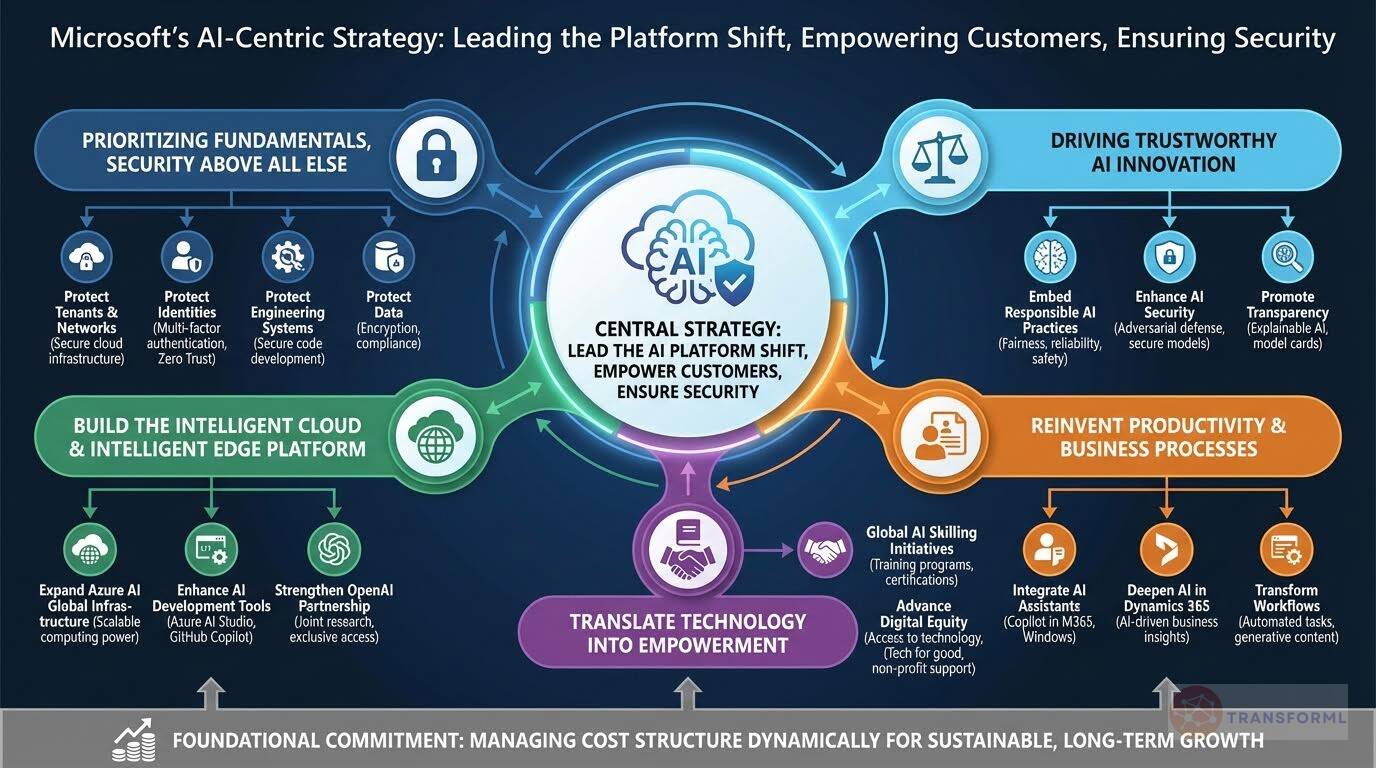 Microsoft AI-centric strategy diagram illustrating secure cloud platforms, responsible AI innovation, productivity transformation, and global AI empowerment