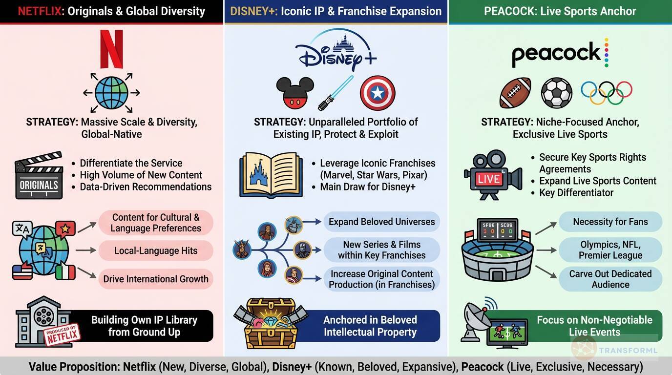 Content strategy comparison of Netflix, Disney+, and Peacock, highlighting originals, franchise-driven IP, and live sports as key differentiators in the streaming wars.