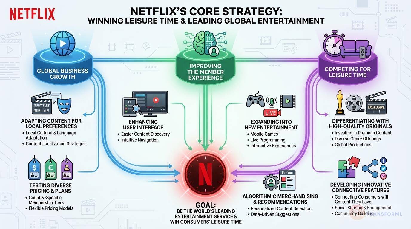 Visual strategy map of Netflix's core approach to global entertainment leadership, focusing on content localization, member experience, algorithmic recommendations, and competing for leisure time.