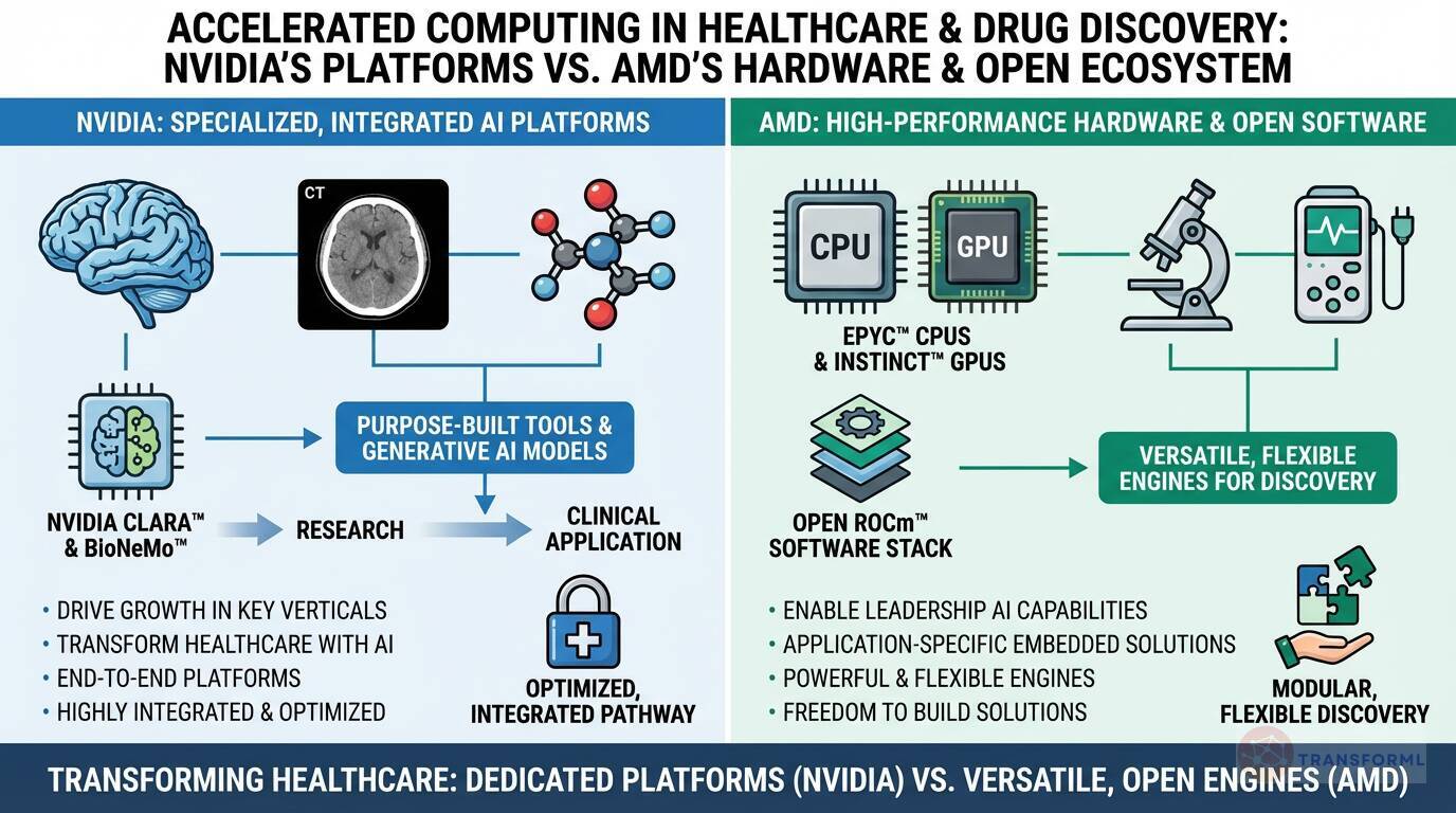 Comparison of NVIDIA and AMD strategies in accelerated computing for healthcare and drug discovery, highlighting NVIDIA's integrated AI platforms versus AMD's high-performance hardware and open software ecosystem.