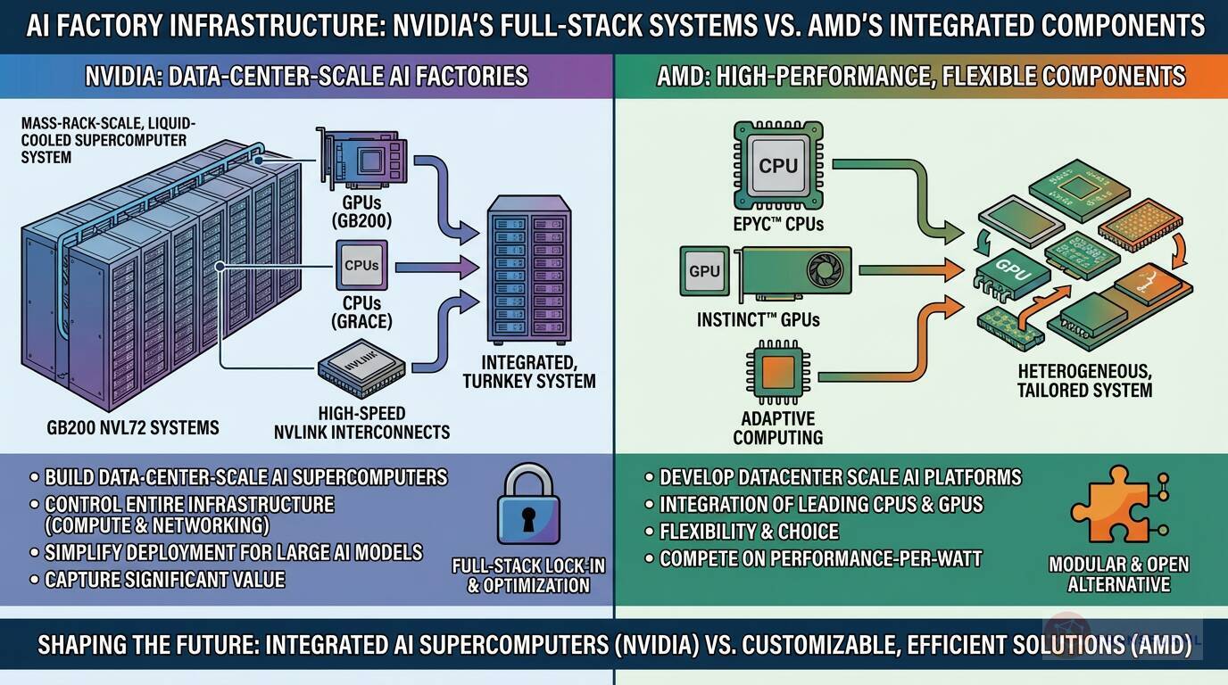 AI factory infrastructure comparison showing NVIDIA's full-stack, data-center-scale AI systems versus AMD's modular, high-performance CPUs and GPUs for flexible data center deployments.