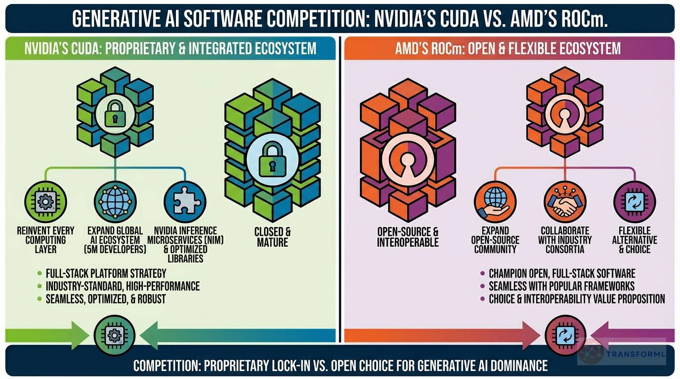 Generative AI software ecosystem comparison between NVIDIA CUDA's proprietary, integrated platform and AMD ROCm's open, interoperable software stack.