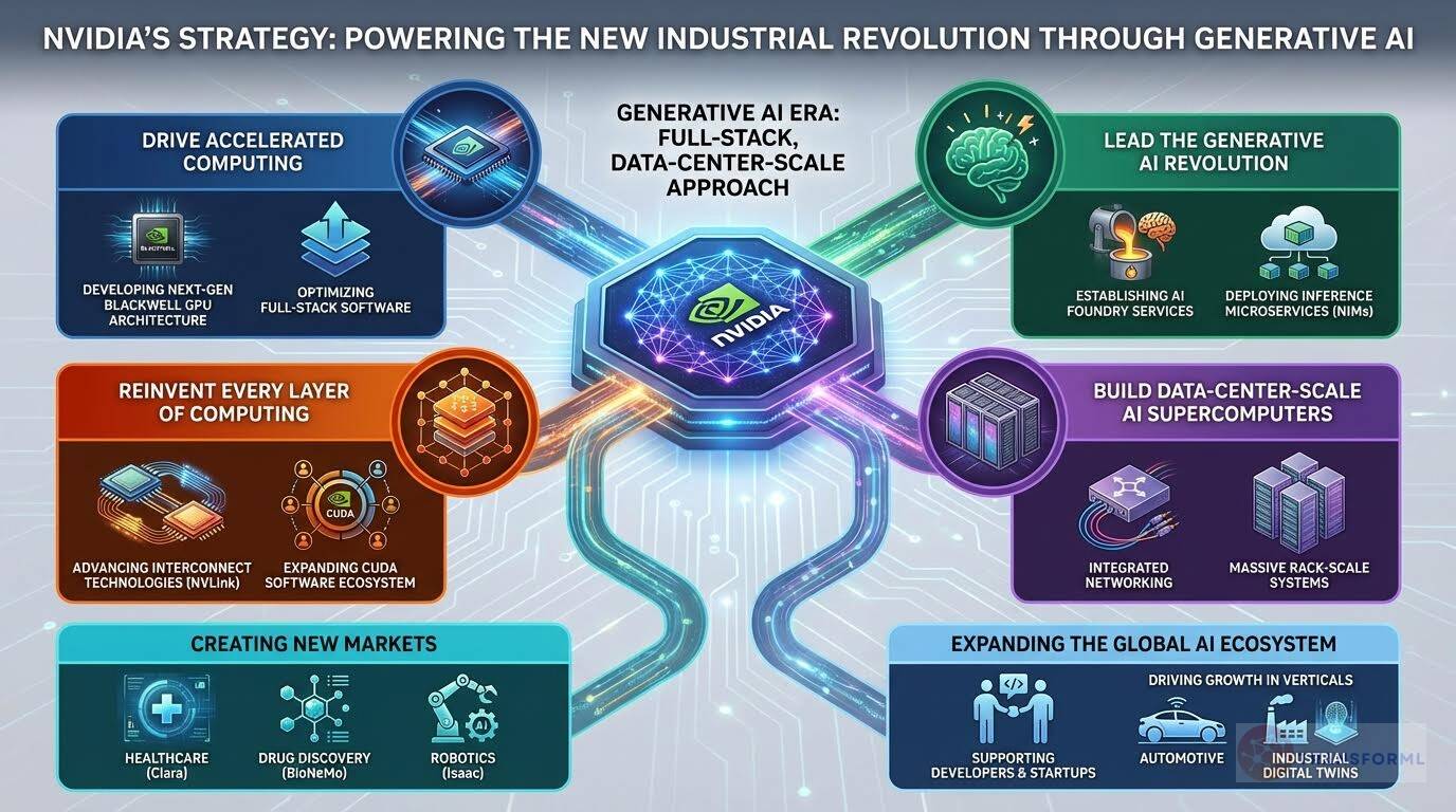 NVIDIA strategy framework illustrating leadership in generative AI through accelerated computing, full-stack platforms, data-center-scale systems, CUDA ecosystem expansion, and new AI-driven markets.